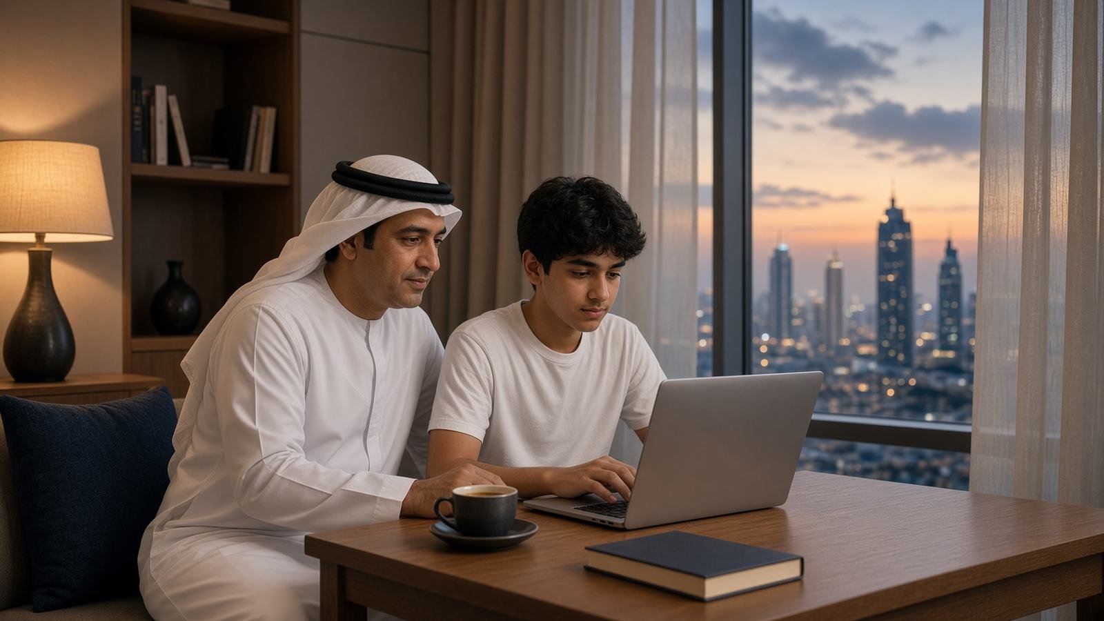 A parent supporting a teenager during live class at home